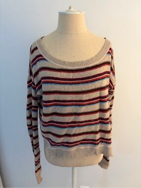 Free People - Beige Scoopneck Sweater with Red and Blue Stripes - Small